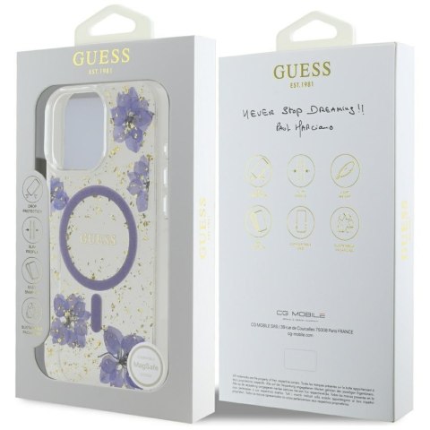Etui Guess Resin Flowers MagSafe do iPhone 16 Pro fioletowy