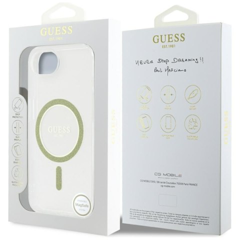 Etui Guess IML Glitter Circle MagSafe do iPhone 16e przezroczysty