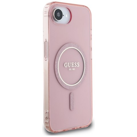 Etui Guess IML Glitter Circle MagSafe do iPhone 16e różowy