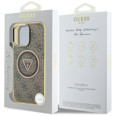 Etui Guess IML Metal Glitter 4G Circle Triangle MagSafe do iPhone 16 Pro Max brązowy