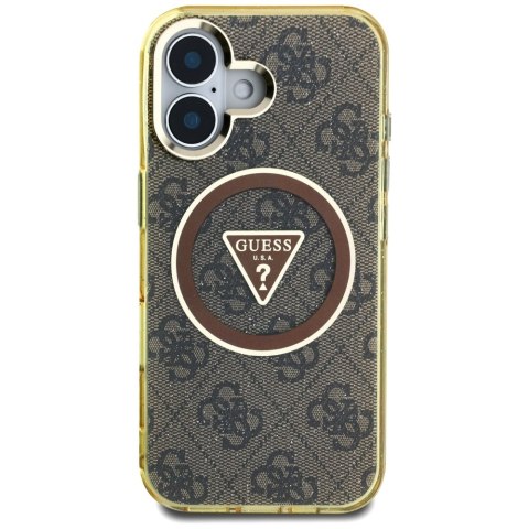 Etui Guess IML Metal Glitter 4G Circle Triangle MagSafe do iPhone 16 brązowy