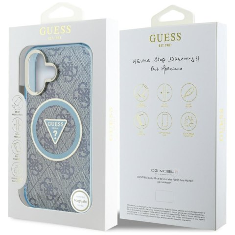 Etui Guess IML Metal Glitter 4G Circle Triangle MagSafe do iPhone 16 niebieski
