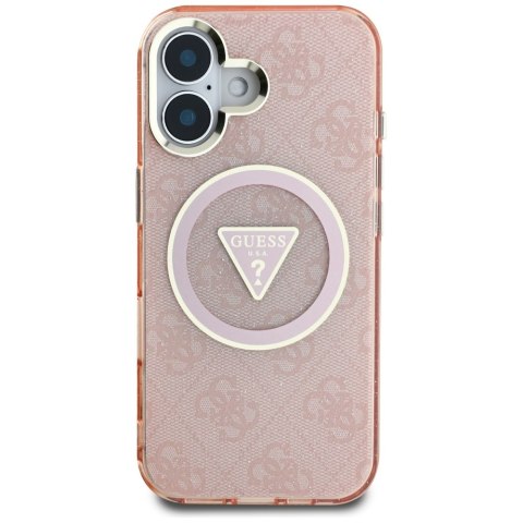 Etui Guess IML Metal Glitter 4G Circle Triangle MagSafe do iPhone 16 różowy