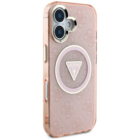 Etui Guess IML Metal Glitter 4G Circle Triangle MagSafe do iPhone 16 różowy