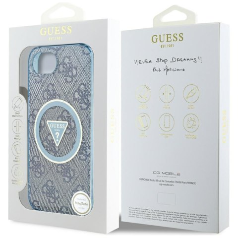 Etui Guess IML Metal Glitter 4G Circle Triangle MagSafe do iPhone 16e niebieski
