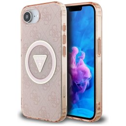 Etui Guess IML Metal Glitter 4G Circle Triangle MagSafe do iPhone 16e różowy