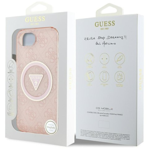 Etui Guess IML Metal Glitter 4G Circle Triangle MagSafe do iPhone 16e różowy
