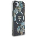 Etui Guess IML Metal Glitter Flowers Triangle MagSafe do iPhone 16e czarny