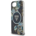 Etui Guess IML Metal Glitter Flowers Triangle MagSafe do iPhone 16e czarny