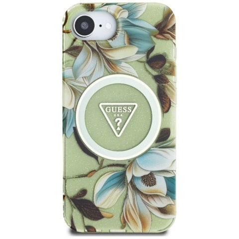 Etui Guess IML Metal Glitter Flowers Triangle MagSafe do iPhone 16e zielony