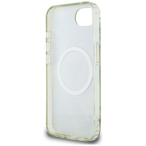 Etui Guess IML Metal Glitter Flowers Triangle MagSafe do iPhone 16e zielony