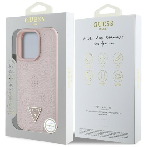 Etui Guess Grained Hot Stamp Peony Triangle Logo MagSafe do iPhone 16 Pro Max różowy
