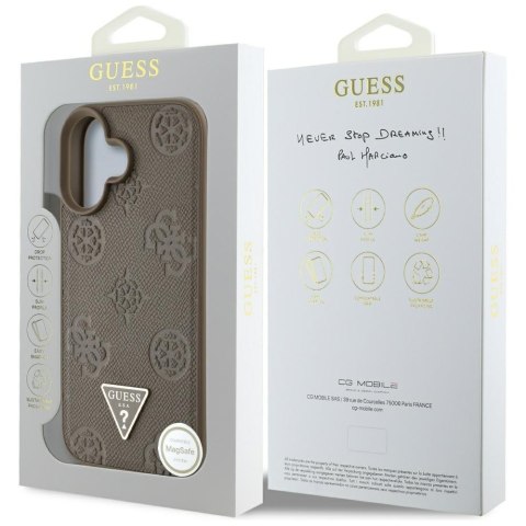 Etui Guess Grained Hot Stamp Peony Triangle Logo MagSafe do iPhone 16 brązowy