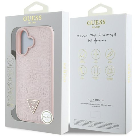 Etui Guess Grained Hot Stamp Peony Triangle Logo MagSafe do iPhone 16 różowy