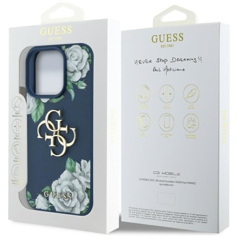Etui Guess Grained Roses Big 4G logo do iPhone 16 Pro Max niebieski