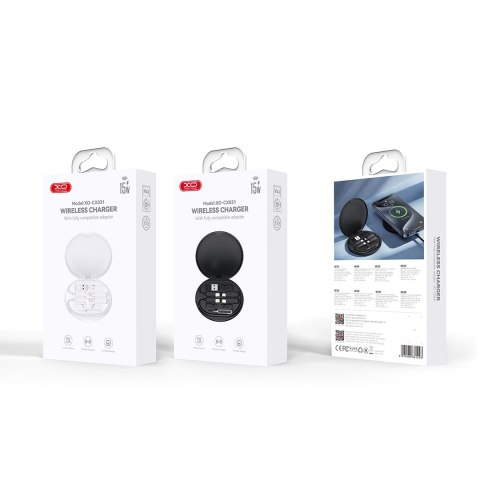 XO ładowarka bezprzewodowa indukcyjna CX031 czarna 15W z kablem USB-C - USB-C i zestawem adapterów