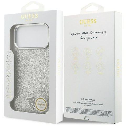 Etui Guess Glitter Triangle Logo MagSafe do iPhone 17 Pro Max srebrny