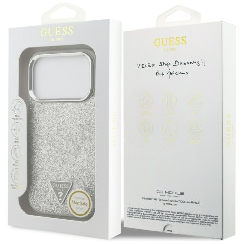 Etui Guess Glitter Triangle Logo MagSafe do iPhone 17 Pro srebrny