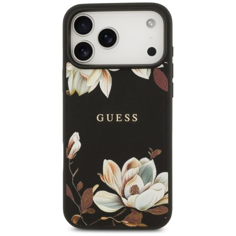 Etui Guess Grained Flowers Classic Logo MagSafe do iPhone 17 Pro Max czarny