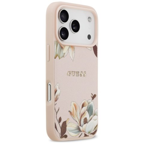 Etui Guess Grained Flowers Classic Logo MagSafe do iPhone 17 Pro różowy