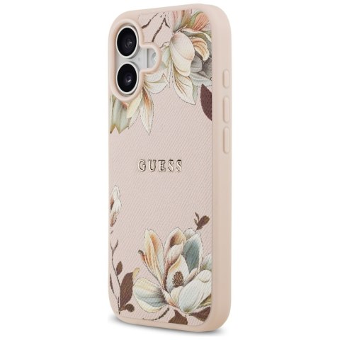 Etui Guess Grained Flowers Classic Logo MagSafe do iPhone 17 różowy