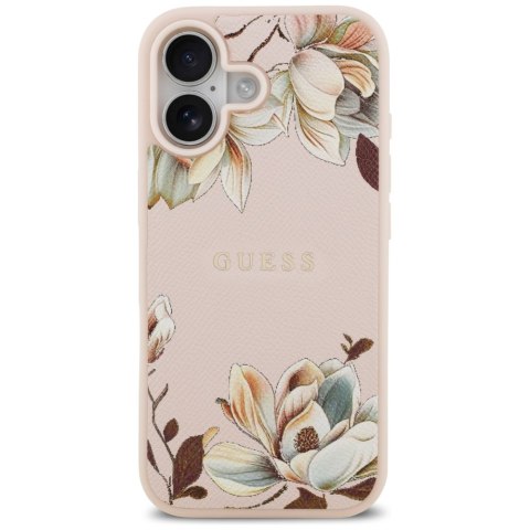 Etui Guess Grained Flowers Classic Logo MagSafe do iPhone 17 różowy