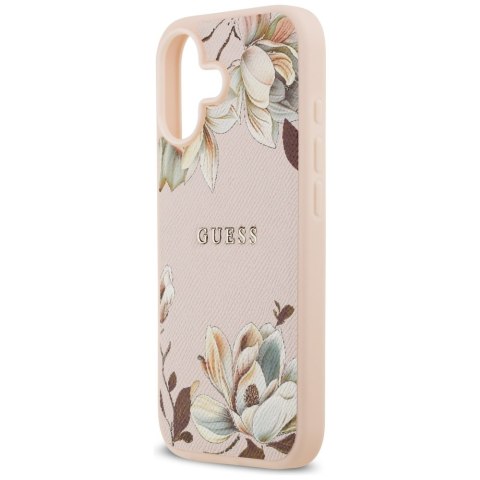 Etui Guess Grained Flowers Classic Logo MagSafe do iPhone 17 różowy