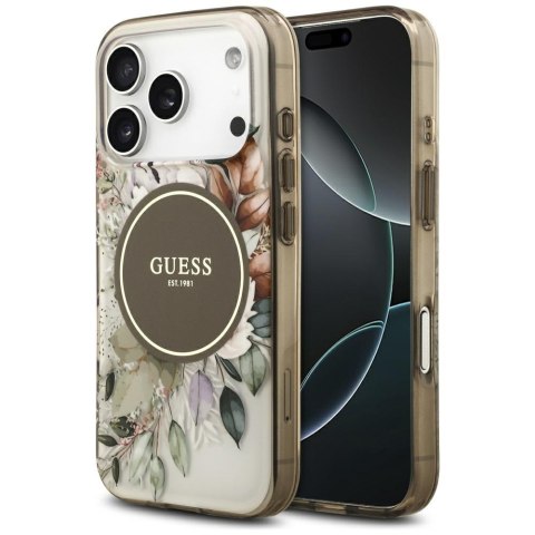 Etui Guess IML Flower & Tonal Circle MagSafe do iPhone 17 Pro brązowy