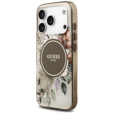 Etui Guess IML Flower & Tonal Circle MagSafe do iPhone 17 Pro brązowy