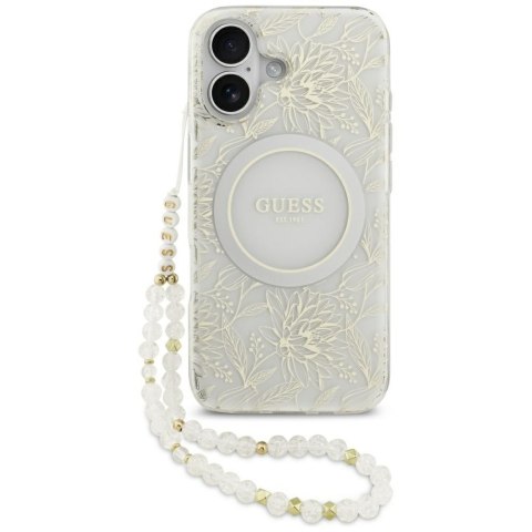 Etui Guess IML Flowers Electro Pearl Strap MagSafe do iPhone 17 biały
