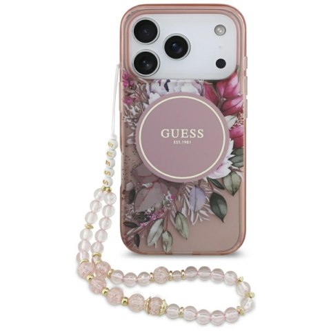 Etui Guess IML Flowers Pearl Strap MagSafe do iPhone 17 Pro różowy