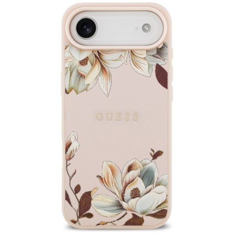 Etui Guess Grained Flowers Classic Logo MagSafe do iPhone Air różowy