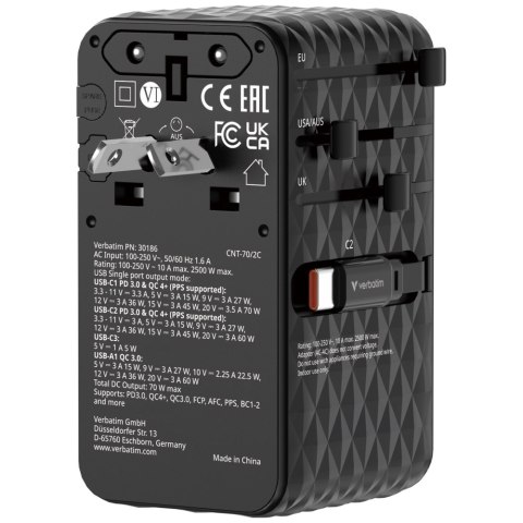 Verbatim Adapter podróżny EU/UK/US GaN 1xUSB-C/1xUSB-A/2xUSB-C PD 70W czarny 30186
