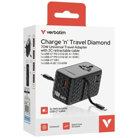 Verbatim Adapter podróżny EU/UK/US GaN 1xUSB-C/1xUSB-A/2xUSB-C PD 70W czarny 30186