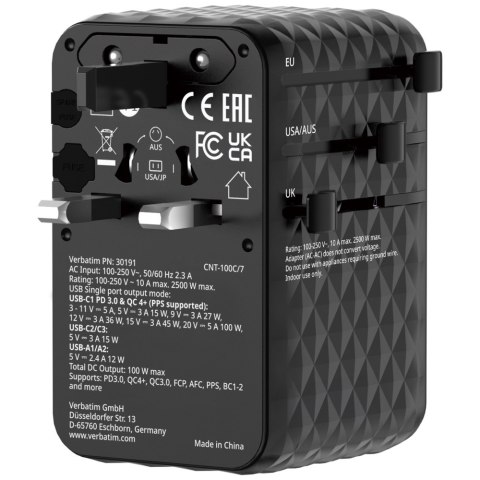Verbatim Adapter podróżny EU/UK/US GaN 2xUSB-C/2xUSB-A/1xUSB-C PD 100W czarny 30191