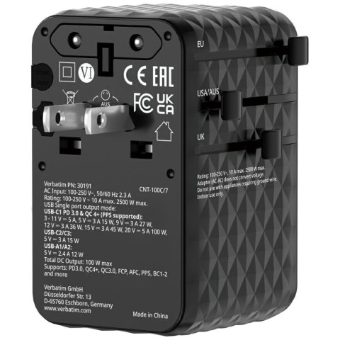 Verbatim Adapter podróżny EU/UK/US GaN 2xUSB-C/2xUSB-A/1xUSB-C PD 100W czarny 30191