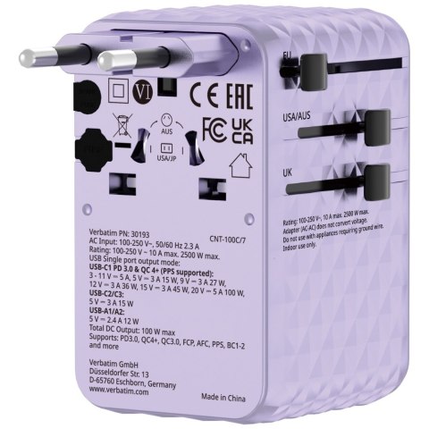 Verbatim Adapter podróżny EU/UK/US GaN 2xUSB-C/2xUSB-A/1xUSB-C PD 100W fioletowy 30193