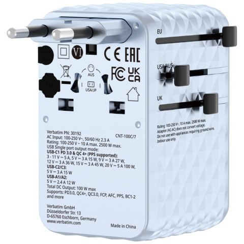 Verbatim Adapter podróżny EU/UK/US GaN 2xUSB-C/2xUSB-A/1xUSB-C PD 100W niebieski 30192