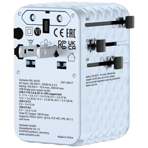 Verbatim Adapter podróżny EU/UK/US GaN 2xUSB-C/2xUSB-A/1xUSB-C PD 100W niebieski 30192