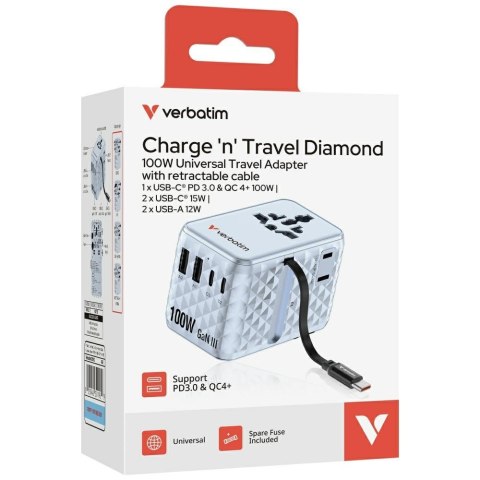Verbatim Adapter podróżny EU/UK/US GaN 2xUSB-C/2xUSB-A/1xUSB-C PD 100W niebieski 30192