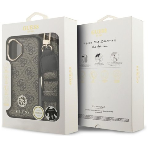 Etui Guess 4G Strass Logo & Big Strap Metal Buttons MagSafe do iPhone 17 brązowy