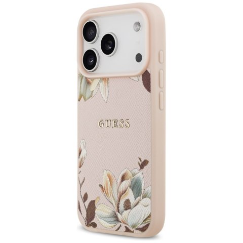 Etui Guess Grained Flowers Classic Logo MagSafe do iPhone 17 Pro Max różowy