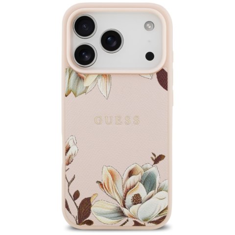 Etui Guess Grained Flowers Classic Logo MagSafe do iPhone 17 Pro Max różowy