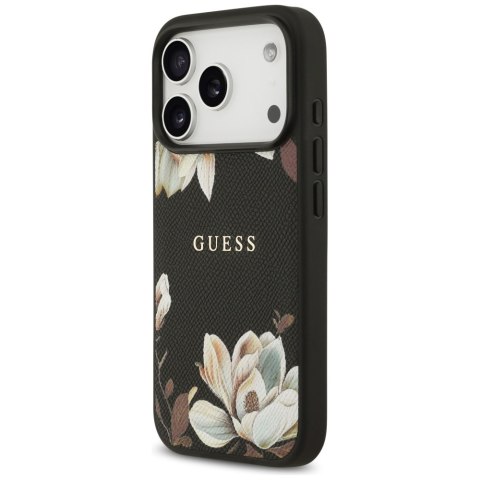 Etui Guess Grained Flowers Classic Logo MagSafe do iPhone 17 Pro czarny