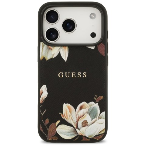 Etui Guess Grained Flowers Classic Logo MagSafe do iPhone 17 Pro czarny
