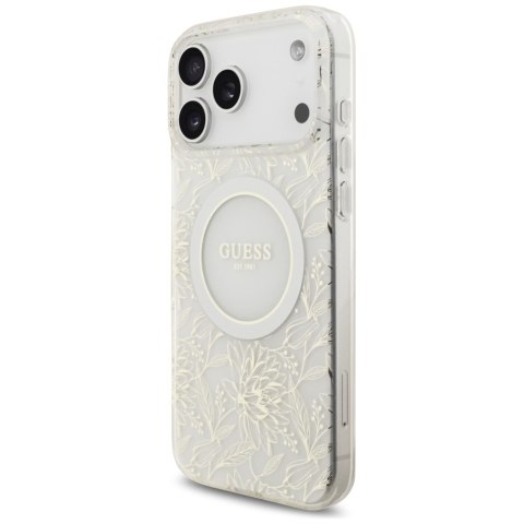 Etui Guess IML Flowers Electro Pearl Strap MagSafe do iPhone 17 Pro Max biały