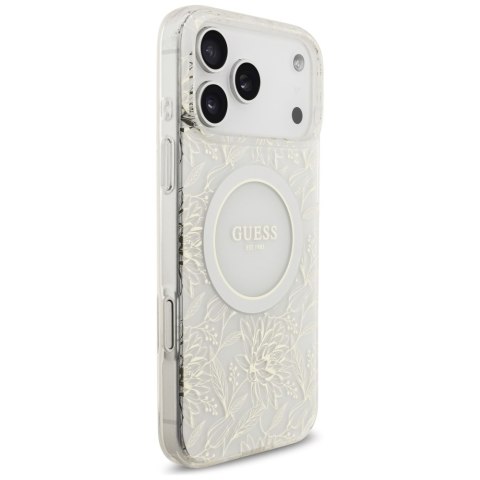 Etui Guess IML Flowers Electro Pearl Strap MagSafe do iPhone 17 Pro Max biały