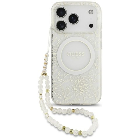 Etui Guess IML Flowers Electro Pearl Strap MagSafe do iPhone 17 Pro biały