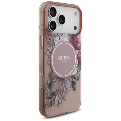 Etui Guess IML Flowers Pearl Strap MagSafe do iPhone 17 Pro Max różowy