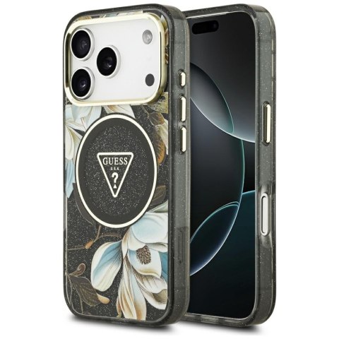 Etui Guess IML Glitter Flowers Triangle MagSafe do iPhone 17 Pro czarny